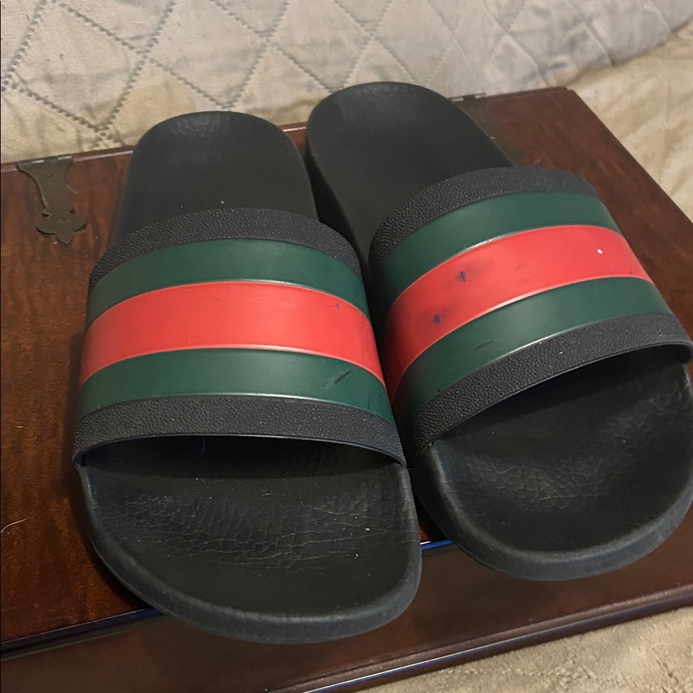 Black Gucci Slides with Red and Green Stripes